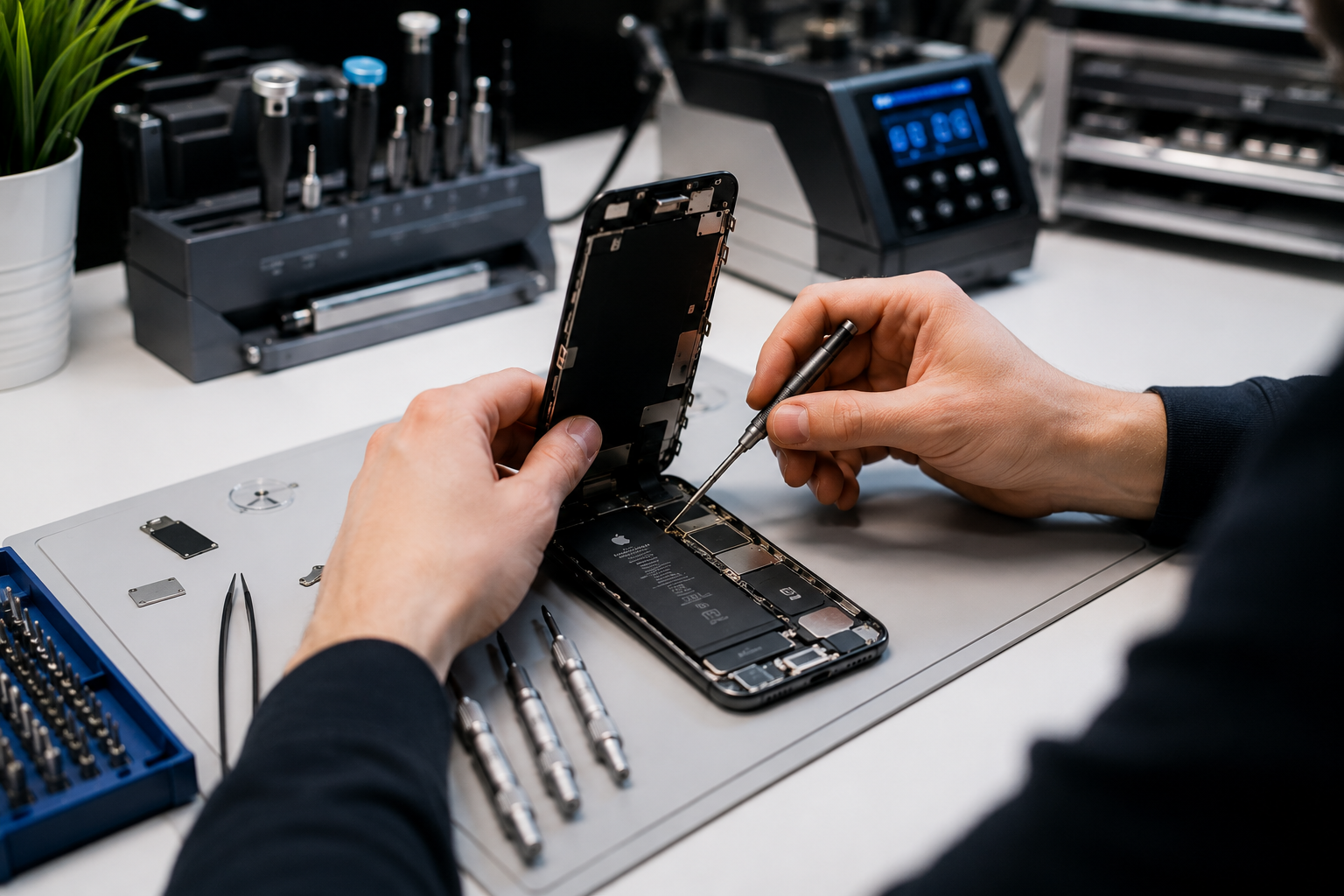 iPhone Reparatur in unserer Werkstatt – Techniker mit Präzisionswerkzeug