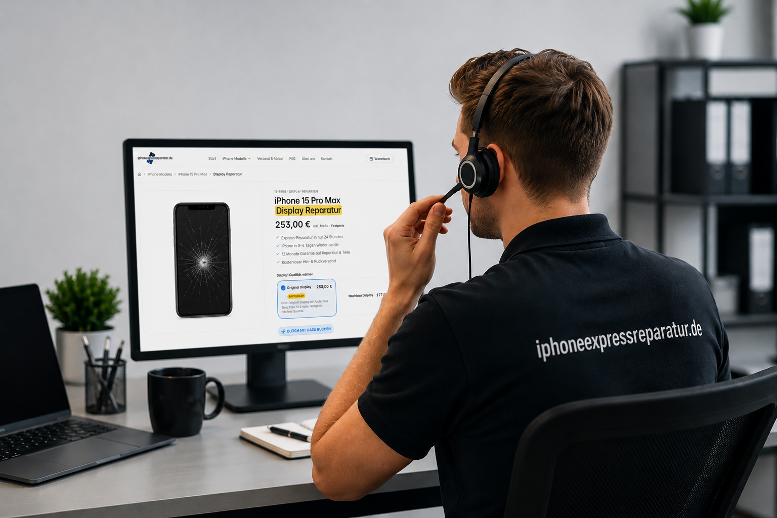 Techniker mit Headset berät Kunden zur iPhone Reparatur