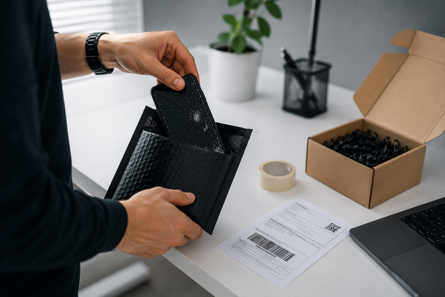 iPhone mit gebrochenem Display wird sicher in DHL Versandtasche verpackt