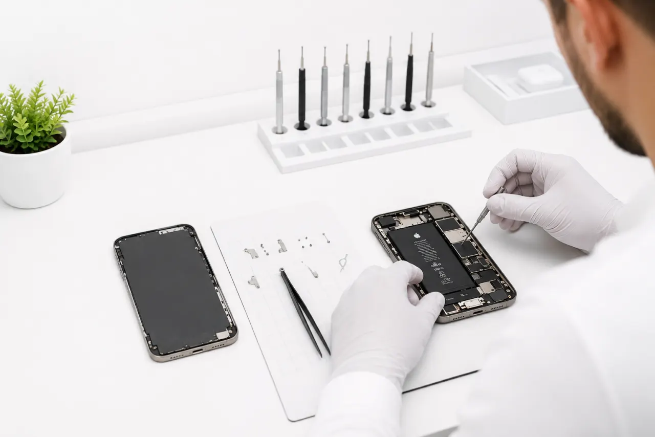iPhone Reparatur in sauberer Werkstatt
