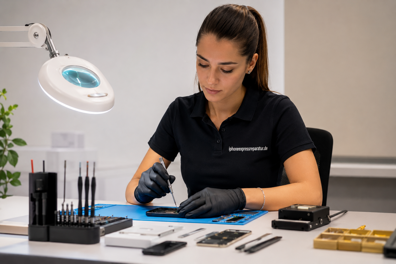 Technikerin repariert ein iPhone in der Werkstatt